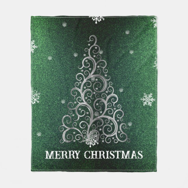 Christmas Tree Glitter and Snowflakes | Green Fleece Blanket (Front)