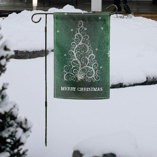 Christmas Tree Glitter and Snowflakes Green Garden Flag