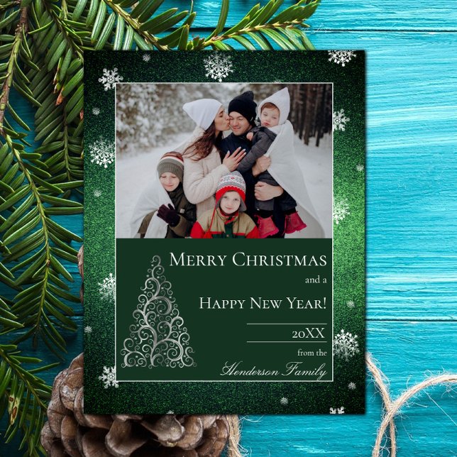 Christmas Tree Glitter and Snowflakes | Green Holiday Card (Christmas Tree Glitter and Snowflakes Holiday Photo Card - Green)