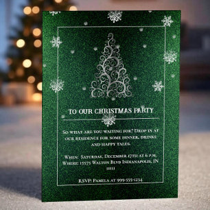 Christmas Tree Glitter and Snowflakes Green Invitation