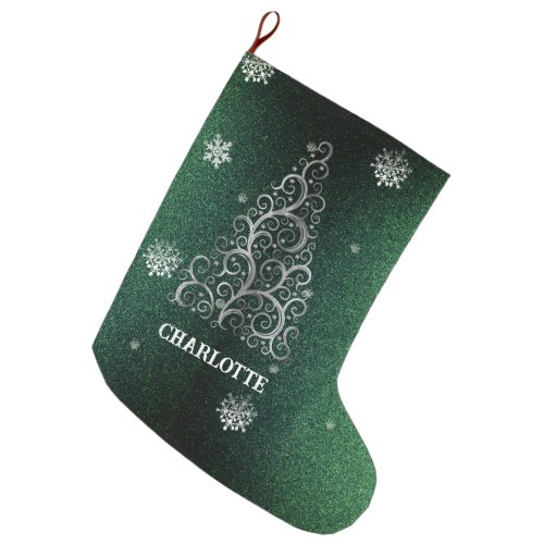 Christmas Tree Glitter and Snowflakes  Green Large Christmas Stocking
