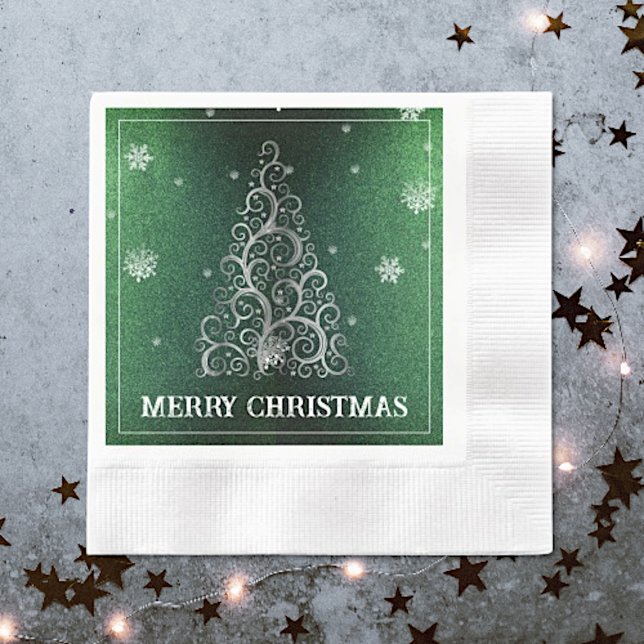 Christmas Tree Glitter and Snowflakes | Green Napkins (Green Christmas Tree Glitter and Snowflakes Napkins)
