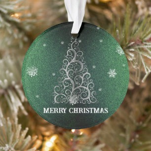 Christmas Tree Glitter and Snowflakes Green Ornament