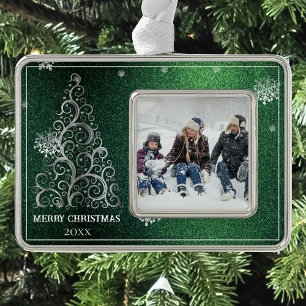Christmas Tree Glitter and Snowflakes Green Ornament