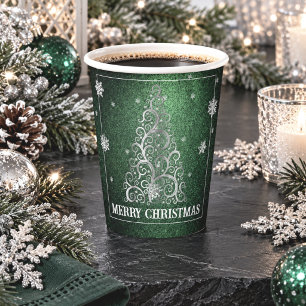 Christmas Tree Glitter and Snowflakes Green Paper Cups