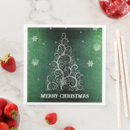 Christmas Tree Glitter and Snowflakes  Green Paper Dinner Napkins