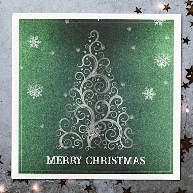 Christmas Tree Glitter and Snowflakes | Green Paper Dinner Napkins (Green Christmas Tree Glitter and Snowflakes Napkins)