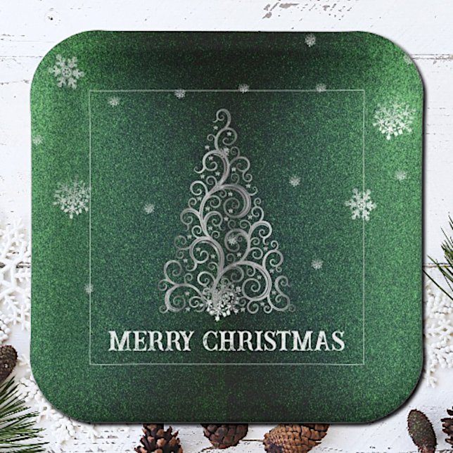 Christmas Tree Glitter and Snowflakes | Green Paper Plates (Green Christmas Tree Glitter and Snowflakes Paper Plates)