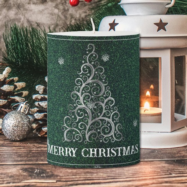 Christmas Tree Glitter and Snowflakes | Green Pillar Candle (Green Christmas Tree Glitter and Snowflakes Pillar Candle)