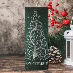 Christmas Tree Glitter and Snowflakes Green Pillar Candle
