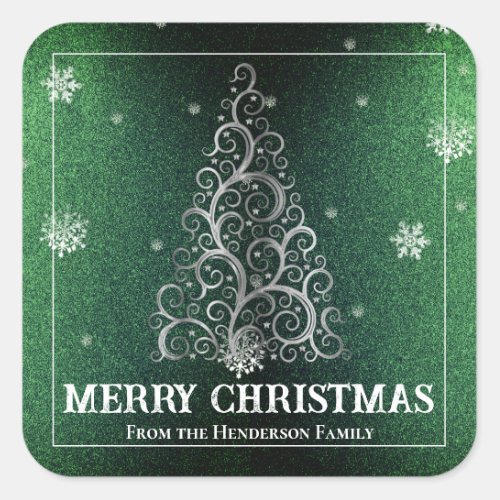 Christmas Tree Glitter and Snowflakes  Green Square Sticker