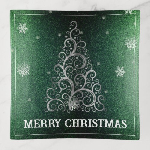 Christmas Tree Glitter and Snowflakes  Green Trinket Tray