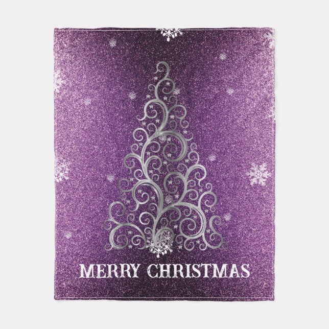 Christmas Tree Glitter and Snowflakes | Magenta Fleece Blanket (Front)