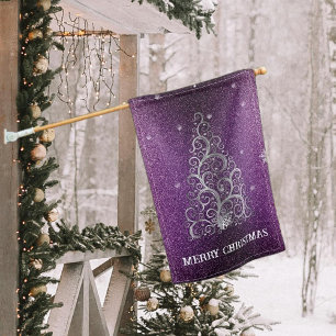 Christmas Tree Glitter and Snowflakes Magenta House Flag