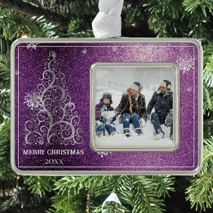 Christmas Tree Glitter and Snowflakes Magenta Ornament