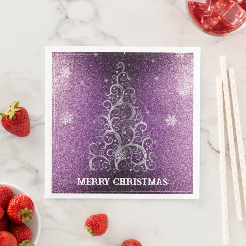 Christmas Tree Glitter and Snowflakes  Magenta Paper Dinner Napkins