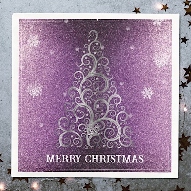 Christmas Tree Glitter and Snowflakes | Magenta Paper Dinner Napkins (Magenta Christmas Tree Glitter and Snowflakes Napkins)