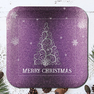Christmas Tree Glitter and Snowflakes   Magenta Paper Plates