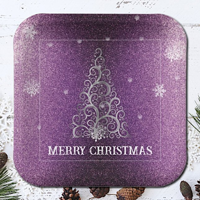 Christmas Tree Glitter and Snowflakes | Magenta Paper Plates (Magenta Christmas Tree Glitter and Snowflakes Paper Plates)