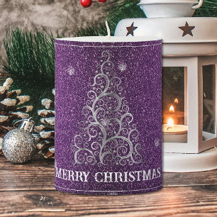 Christmas Tree Glitter and Snowflakes Magenta Pillar Candle