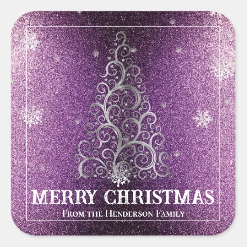 Christmas Tree Glitter and Snowflakes  Magenta Square Sticker