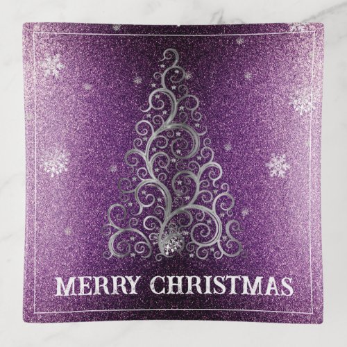 Christmas Tree Glitter and Snowflakes  Magenta Trinket Tray