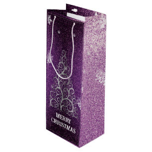 Christmas Tree Glitter and Snowflakes   Magenta Wine Gift Bag