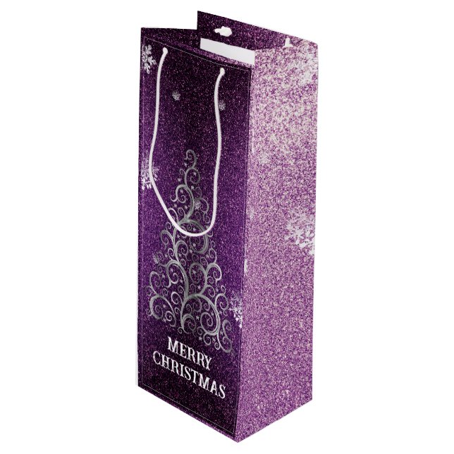 Christmas Tree Glitter and Snowflakes | Magenta Wine Gift Bag (Front Angled)