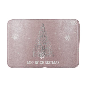 Christmas Tree Glitter and Snowflakes Pink Bath Mat