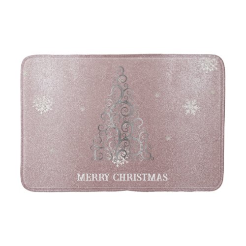 Christmas Tree Glitter and Snowflakes  Pink Bath Mat