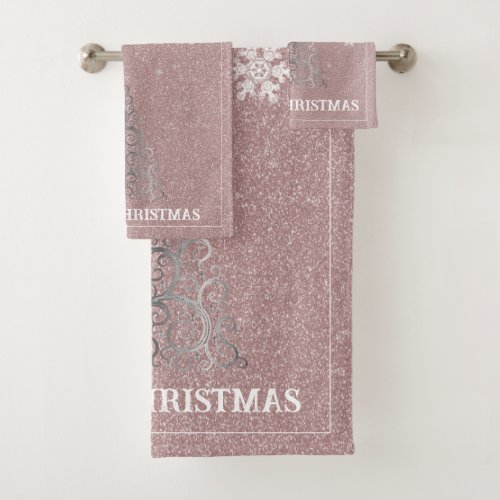 Christmas Tree Glitter and Snowflakes  Pink Bath Towel Set