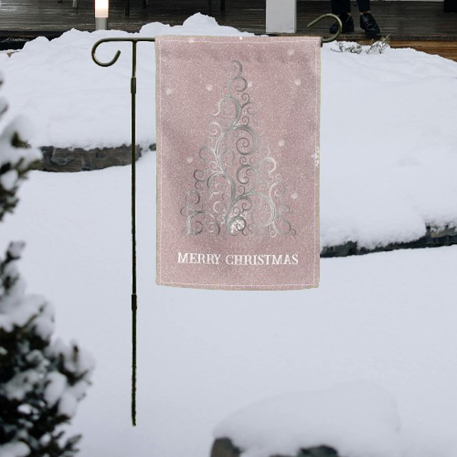 Christmas Tree Glitter and Snowflakes | Pink Garden Flag (Pink Christmas Tree Glitter and Snowflakes Garden Flag)