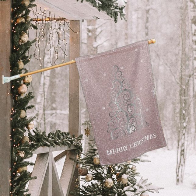 Christmas Tree Glitter and Snowflakes | Pink House Flag (Pink Christmas Tree Glitter and Snowflakes House Flag)