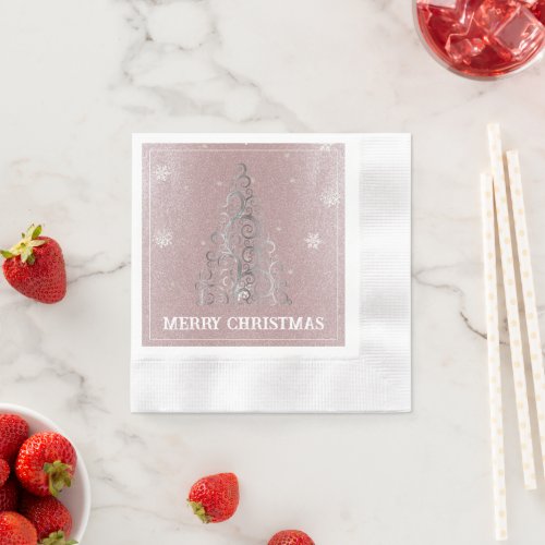 Christmas Tree Glitter and Snowflakes  Pink Napkins