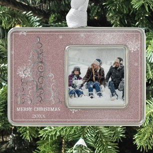Christmas Tree Glitter and Snowflakes Pink Ornament