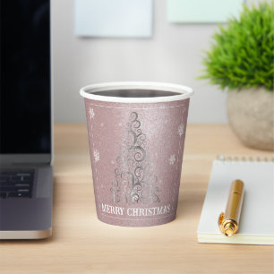 Christmas Tree Glitter and Snowflakes Pink Paper Cups