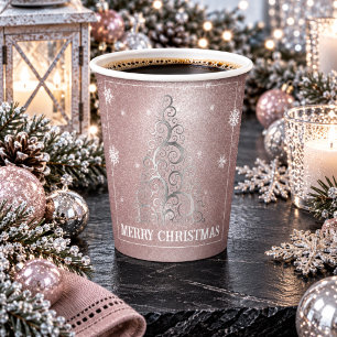 Christmas Tree Glitter and Snowflakes Pink Paper Cups