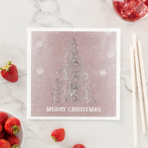 Christmas Tree Glitter and Snowflakes  Pink Paper Dinner Napkins