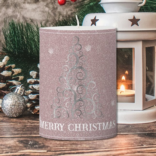 Christmas Tree Glitter and Snowflakes | Pink Pillar Candle (Pink Christmas Tree Glitter and Snowflakes Pillar Candle)