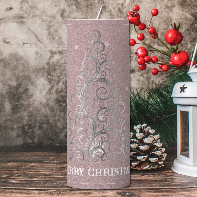 Christmas Tree Glitter and Snowflakes | Pink Pillar Candle (Pink Christmas Tree Glitter and Snowflakes Pillar Candle)