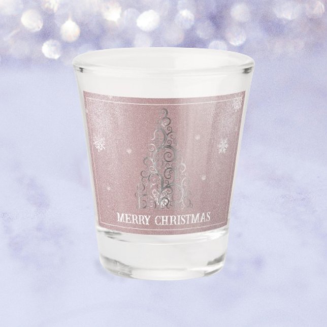 Christmas Tree Glitter and Snowflakes | Pink Shot Glass (Pink Christmas Tree Glitter and Snowflakes Shot Glass)