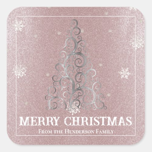 Christmas Tree Glitter and Snowflakes  Pink Square Sticker