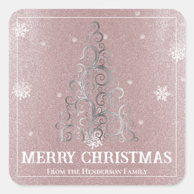 Christmas Tree Glitter and Snowflakes | Pink Square Sticker (Front)