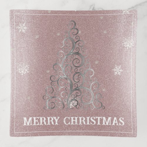 Christmas Tree Glitter and Snowflakes  Pink Trinket Tray