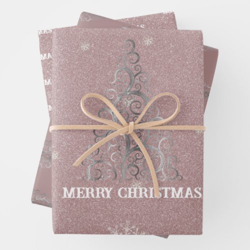 Christmas Tree Glitter and Snowflakes  Pink Wrapping Paper Sheets