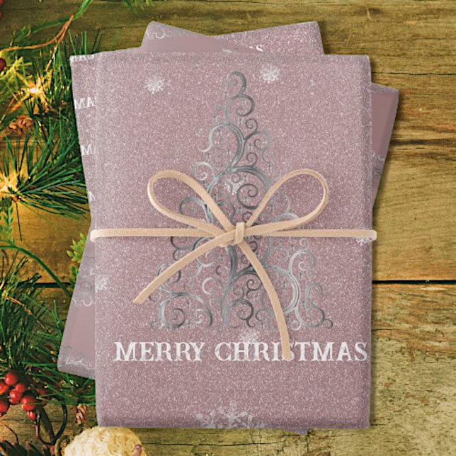 Christmas Tree Glitter and Snowflakes | Pink Wrapping Paper Sheets (Creator Uploaded)