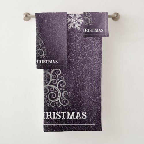 Christmas Tree Glitter and Snowflakes  Purple Bath Towel Set