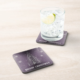 Christmas Tree Glitter and Snowflakes Purple Beverage Coaster