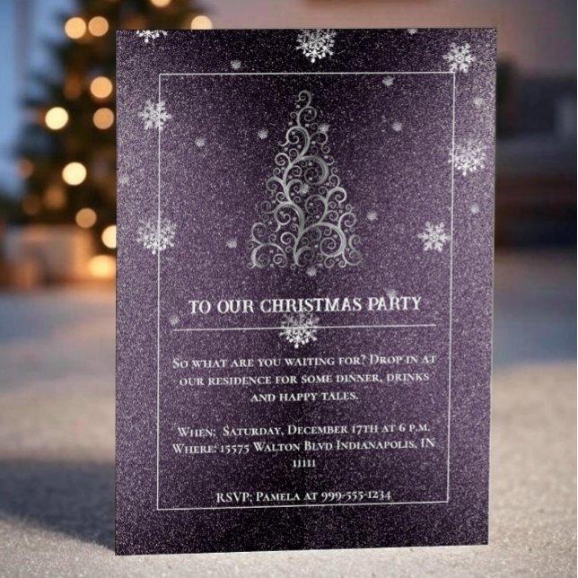 Christmas Tree Glitter and Snowflakes | Purple Invitation (Purple Christmas Tree Glitter and Snowflakes Party Invitation)
