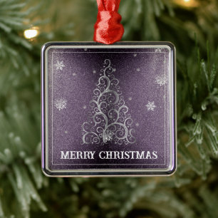 Christmas Tree Glitter and Snowflakes Purple Metal Ornament
